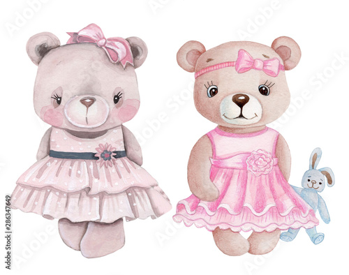 Two cute teddy bear girls in pink dresses. Watercolor hand drawn illustration, isolated.