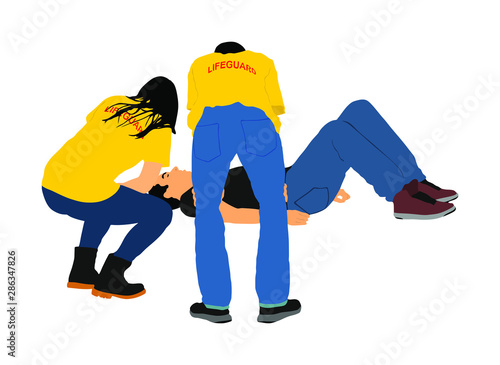 Paramedic rescue team saving patient life. Lifeguard first aid vector. Man in unconscious drowning. Drunk person overdose. Sneak attack victim rescue. Victim of fire or earthquake evacuation on safty.