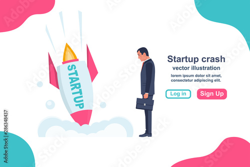 Startup failure. Crash startup project. Template for the development of web and mobile sites. Sad businessman is standing near a fallen rocket. landing page not working project.