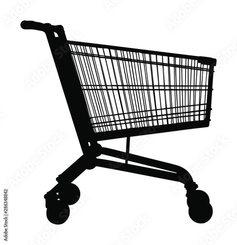 Empty shopping cart vector silhouette isolated on white. Metal market trolley.  Symbol of bad economy, home budget. Transportation equipment for buying food and another goods. Procurement of supplies.
