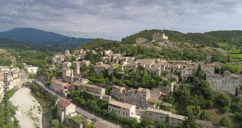 Vaison-la-Romaine, aerial lateral traveling, Vaucluse, France photo