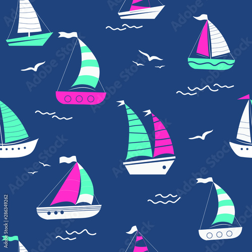 Marine seamless pattern with cartoon boats on blue background. Template for children. Vector background. 
