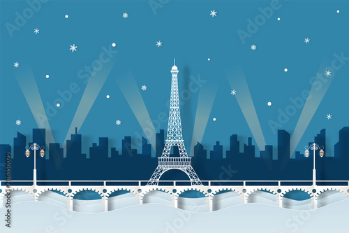 illustration of paris night in the winter. paper cut style
