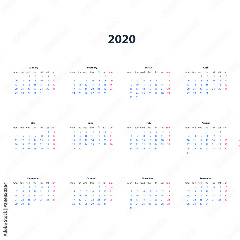 Calendar 2020 template with number of a colored facet. Calendar with weekend in pink colors.