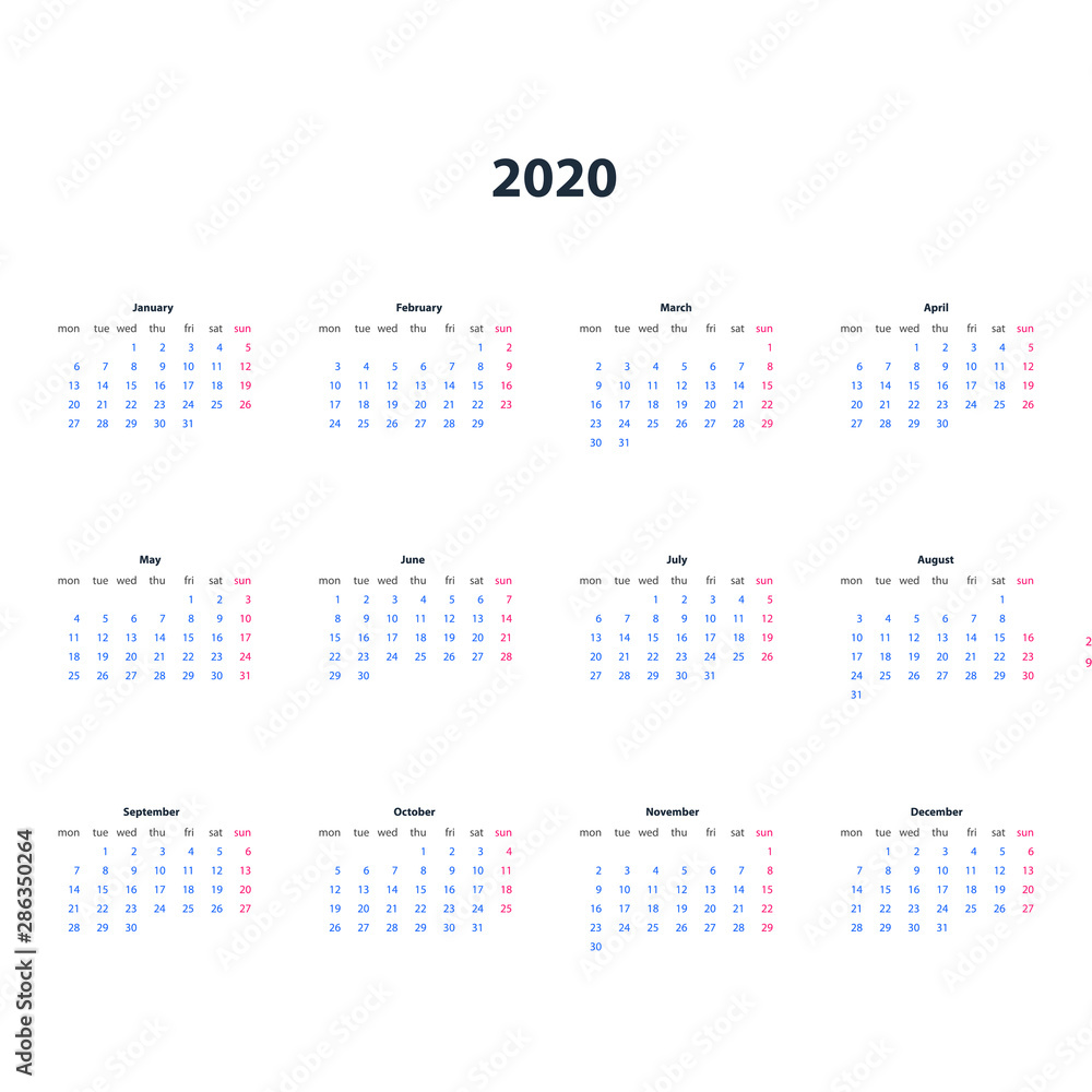 Calendar 2020 template with number of a colored facet. Calendar with weekend in pink colors. Calendar 2020 template with number of a colored facet. Calendar with weekend in pink colors.