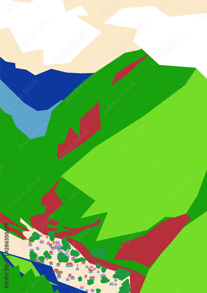 Abstract nature landscape of mountains and village houses in bright colors. Vector editable illustration