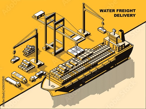 Water freight delivery, yellow isometric line art vector concept. Sea port, river dock with cranes unloading cargo barge or ship with containers. Export import logistics, international cargo shipment