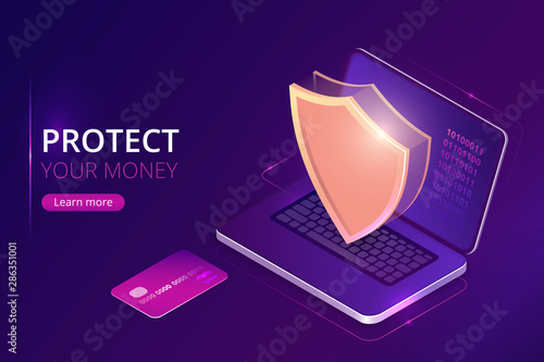 Protecting your money concept, online banking security guarantee, isometric vector. Bank credit card and open laptop, golden shield guards personal information on its screen, purple landing web page