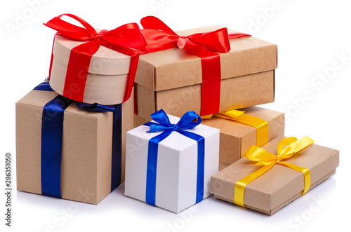 Many boxes with ribbon gift on white background isolation