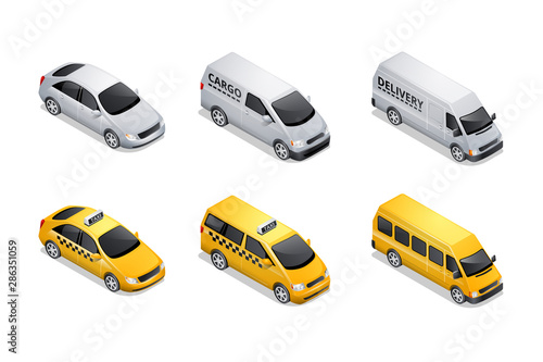 Isometric car icons isolated on white background. Vehicles for freight and passenger transportation, yellow taxi sedan and mini van with shadow and highlights