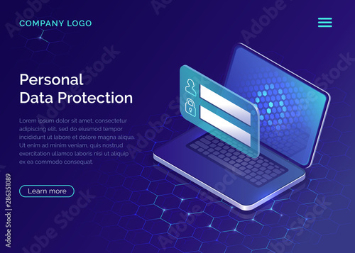 Protecting personal data concept, internet account security guarantee isometric vector. Frame with login and password in front of open laptop screen on blue honeycomb background, landing web site page