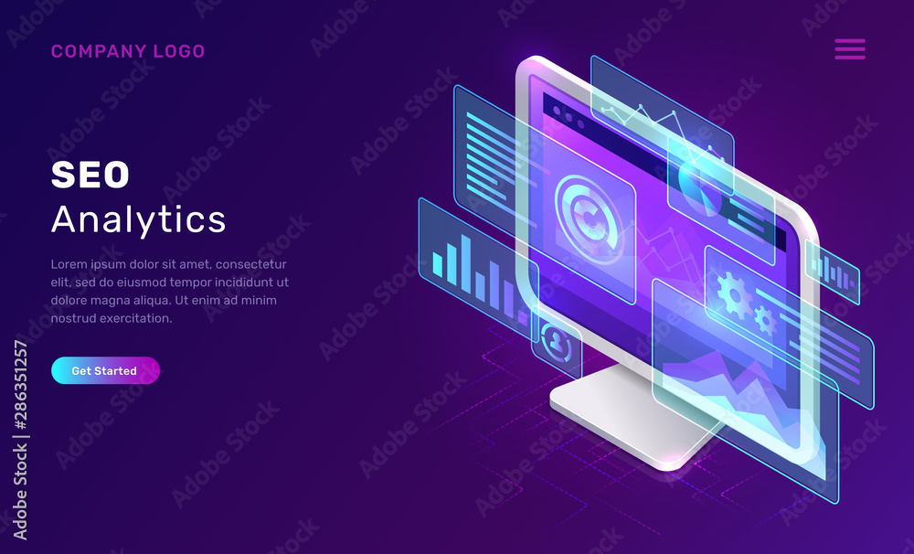 Obraz premium SEO or search engine optimization analytics, concept vector isometric illustration. Computer monitor with blue virtual holographic projections with graphs and charts for data analysis, landing webpage