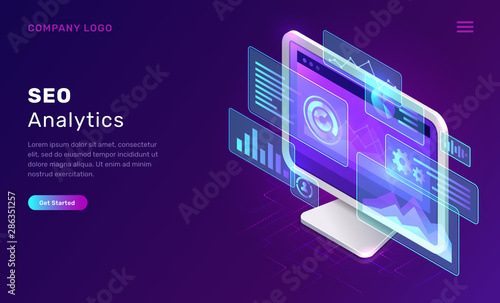 SEO or search engine optimization analytics, concept vector isometric illustration. Computer monitor with blue virtual holographic projections with graphs and charts for data analysis, landing webpage