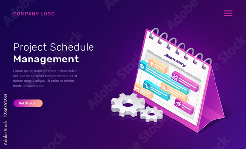 Project schedule management isometric concept vector illustration. Software landing page template for effective work schedule planning, time manager interface, desktop calendar with 3D settings icons
