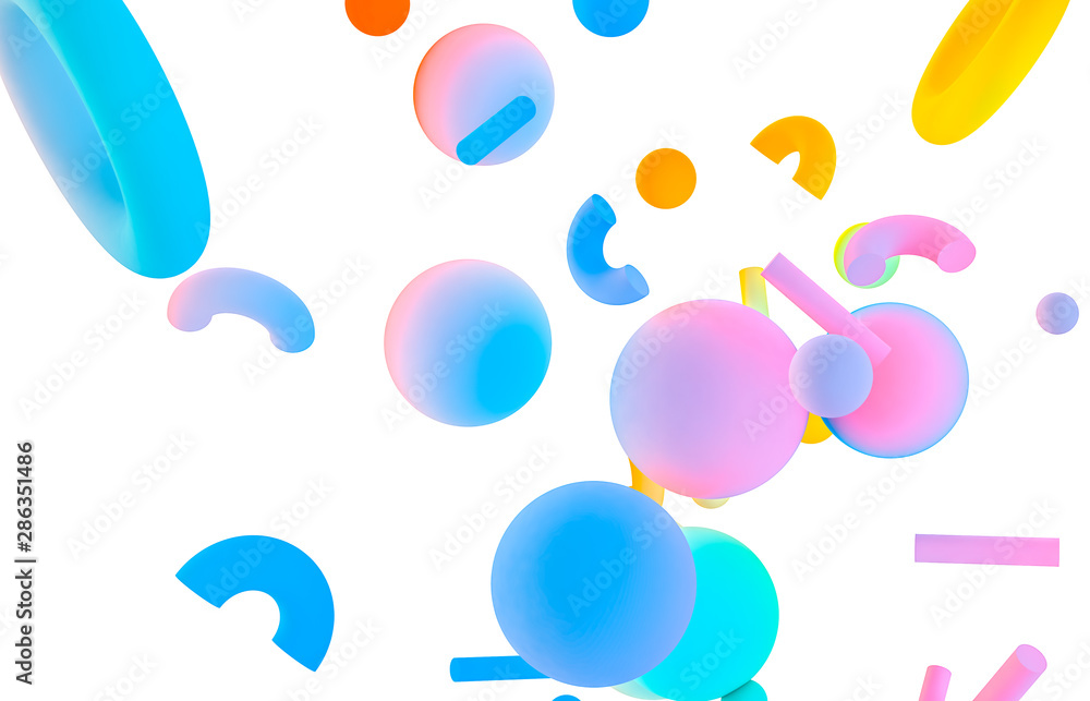 Abstract colorful 3d art background. Holographic geometric shape form floating on white isolated background. memphis style.