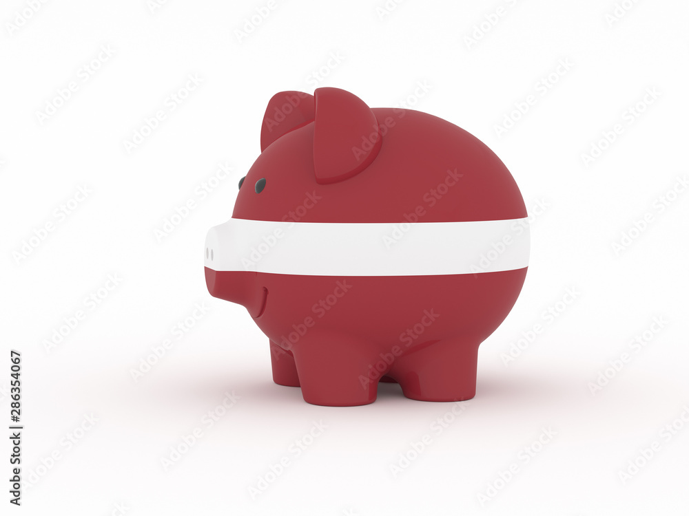 Fototapeta premium Finance, saving money, piggy bank on white background. Latvia flag. 3d illustration.
