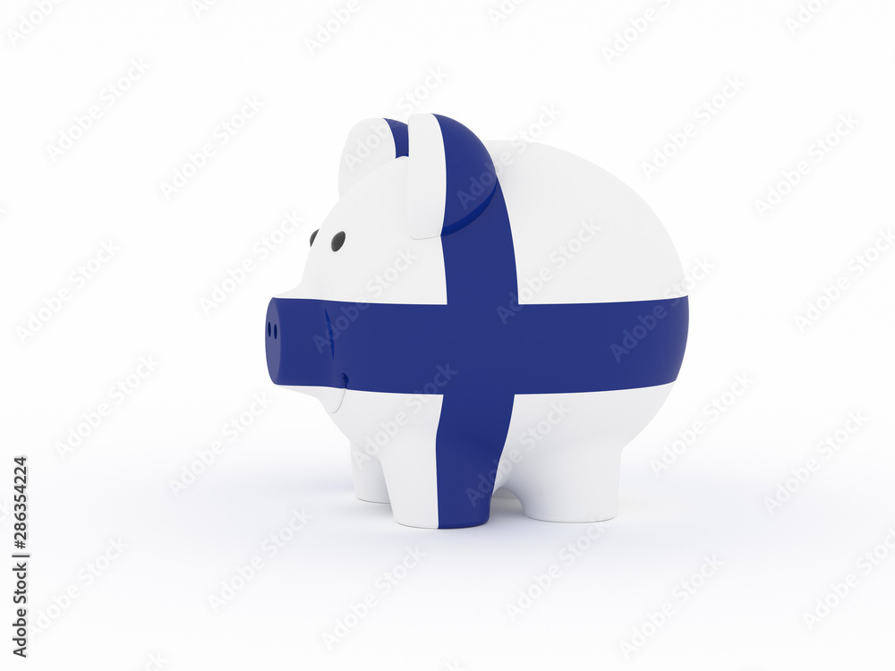 Finance, saving money, piggy bank on white background. Finland flag. 3d illustration. Finance, saving money, piggy bank on white background. Finland flag. 3d illustration.