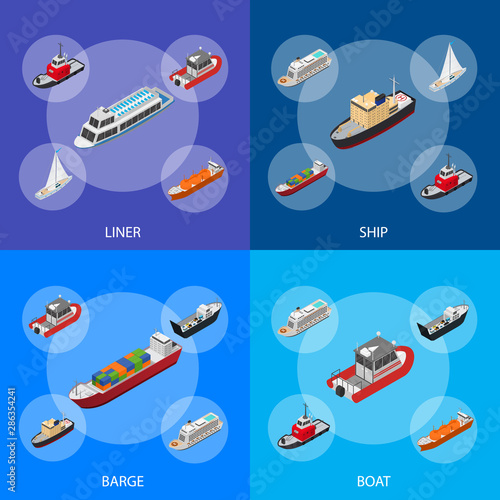 Commercial Sea Ships Signs 3d Banner Set Isometric View. Vector