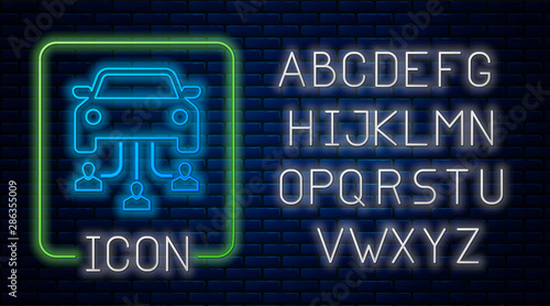 Glowing neon Car sharing with group of people icon isolated on brick wall background. Carsharing sign. Transport renting service concept. Neon light alphabet. Vector Illustration