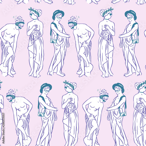 Vector hipster classical sculpture seamless pattern. Goddess with glasses, hats and camera. Trendy hand drawn design.
