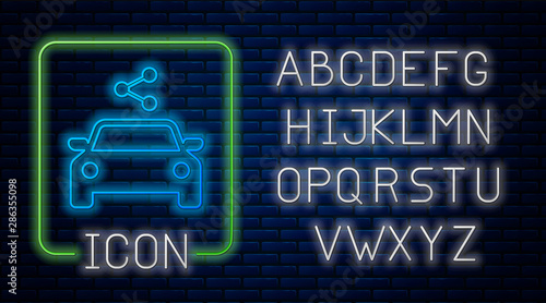 Glowing neon Car sharing icon isolated on brick wall background. Carsharing sign. Transport renting service concept. Neon light alphabet. Vector Illustration