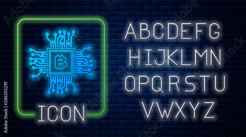 Glowing neon CPU mining farm icon isolated on brick wall background. Bitcoin sign inside processor. Cryptocurrency mining community. Digital money. Neon light alphabet. Vector Illustration