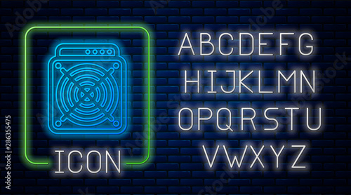 Glowing neon ASIC Miner icon isolated on brick wall background. Cryptocurrency mining equipment and hardware. Application specific integrated circuit. Neon light alphabet. Vector Illustration
