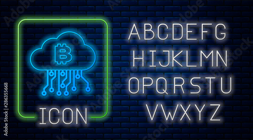 Glowing neon Cryptocurrency cloud mining icon isolated on brick wall background. Blockchain technology, bitcoin, digital money market, cryptocoin wallet. Neon light alphabet. Vector Illustration