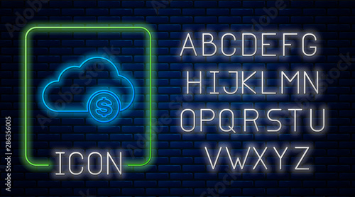 Glowing neon Cryptocurrency cloud mining icon isolated on brick wall background. Blockchain technology, bitcoin, digital money market, cryptocoin wallet. Neon light alphabet. Vector Illustration