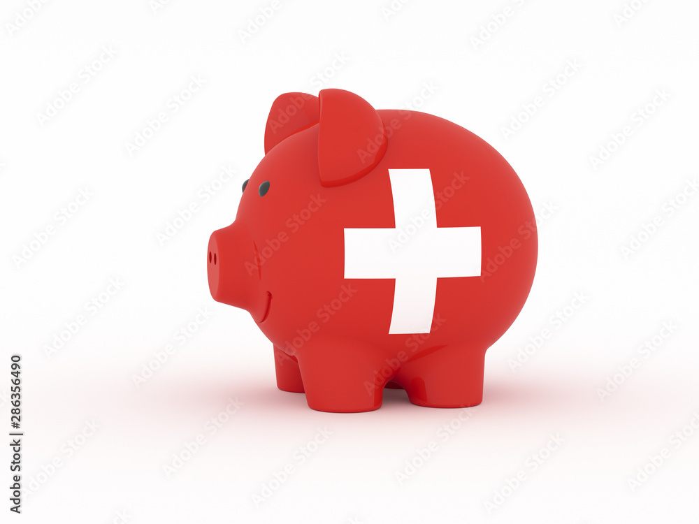 Finance, saving money, piggy bank on white background. Switzerland flag. 3d illustration. Finance, saving money, piggy bank on white background. Switzerland flag. 3d illustration.