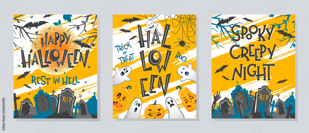 Set of Halloween posters with pumpkins,ghosts,graveyard,full moon,dead trees and bats.Halloween design perfect for prints,flyers,banners invitations,greetings.Vector Halloween illustrations. Set of Halloween posters with pumpkins,ghosts,graveyard,full moon,dead trees and bats.Halloween design perfect for prints,flyers,banners invitations,greetings.Vector Halloween illustrations.