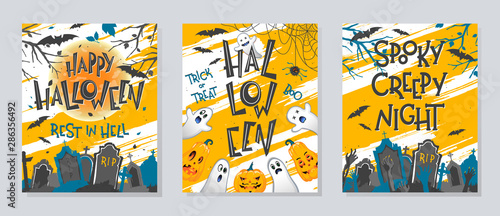 Set of Halloween posters with pumpkins,ghosts,graveyard,full moon,dead trees and bats.Halloween design perfect for prints,flyers,banners invitations,greetings.Vector Halloween illustrations.
