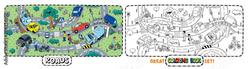 Transport coloring book of roads with cars
