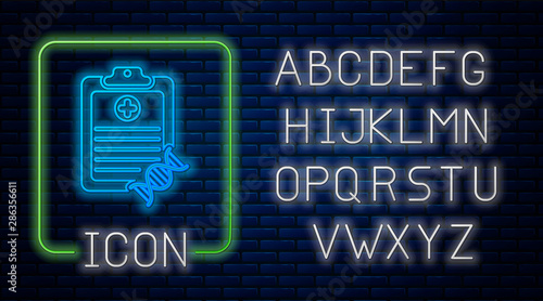 Glowing neon Clipboard with DNA analysis icon isolated on brick wall background. Genetic engineering, genetics testing, cloning, paternity testing. Neon light alphabet. Vector Illustration
