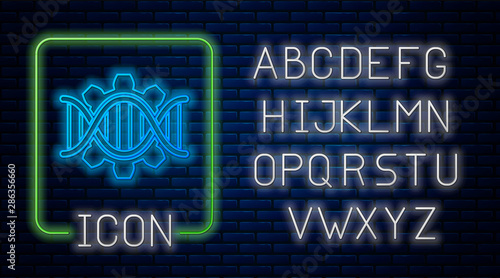 Glowing neon Genetic engineering icon isolated on brick wall background. DNA analysis, genetics testing, cloning, paternity testing. Neon light alphabet. Vector Illustration