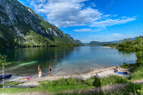 A resting place for locals on Lake Bohinj in the evening. Triglav National Park, Julian Alps, Slovenia, Europe. photo