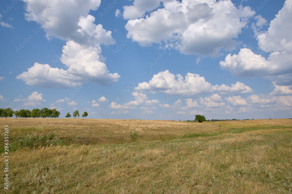 landscape of hills, trees, fields, sky, sun, cloud