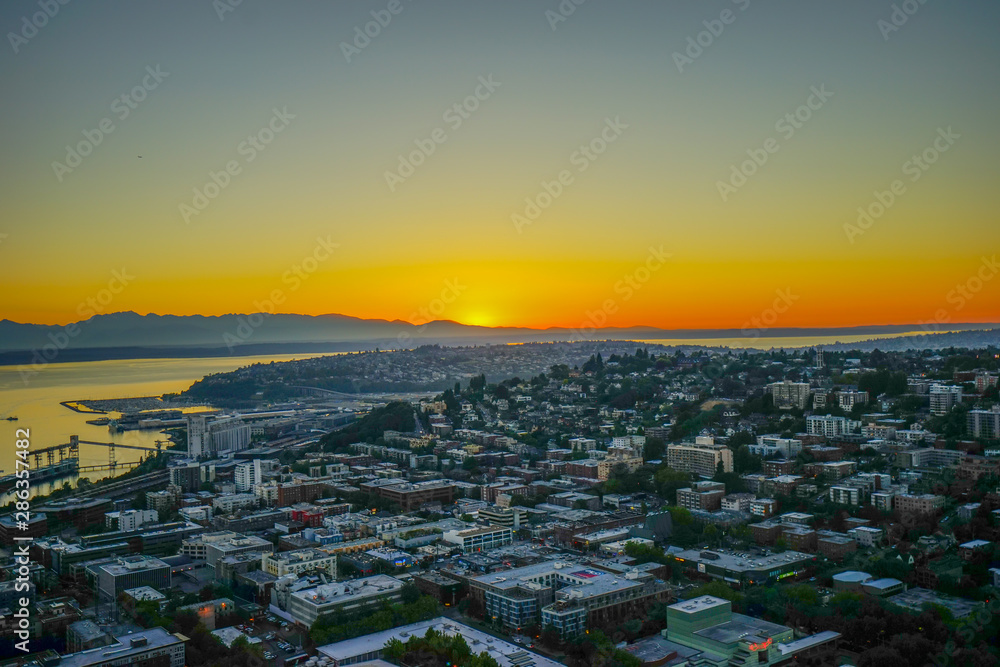 Beautiful sun set in waterfront downtown of Seattle, in Washington State	