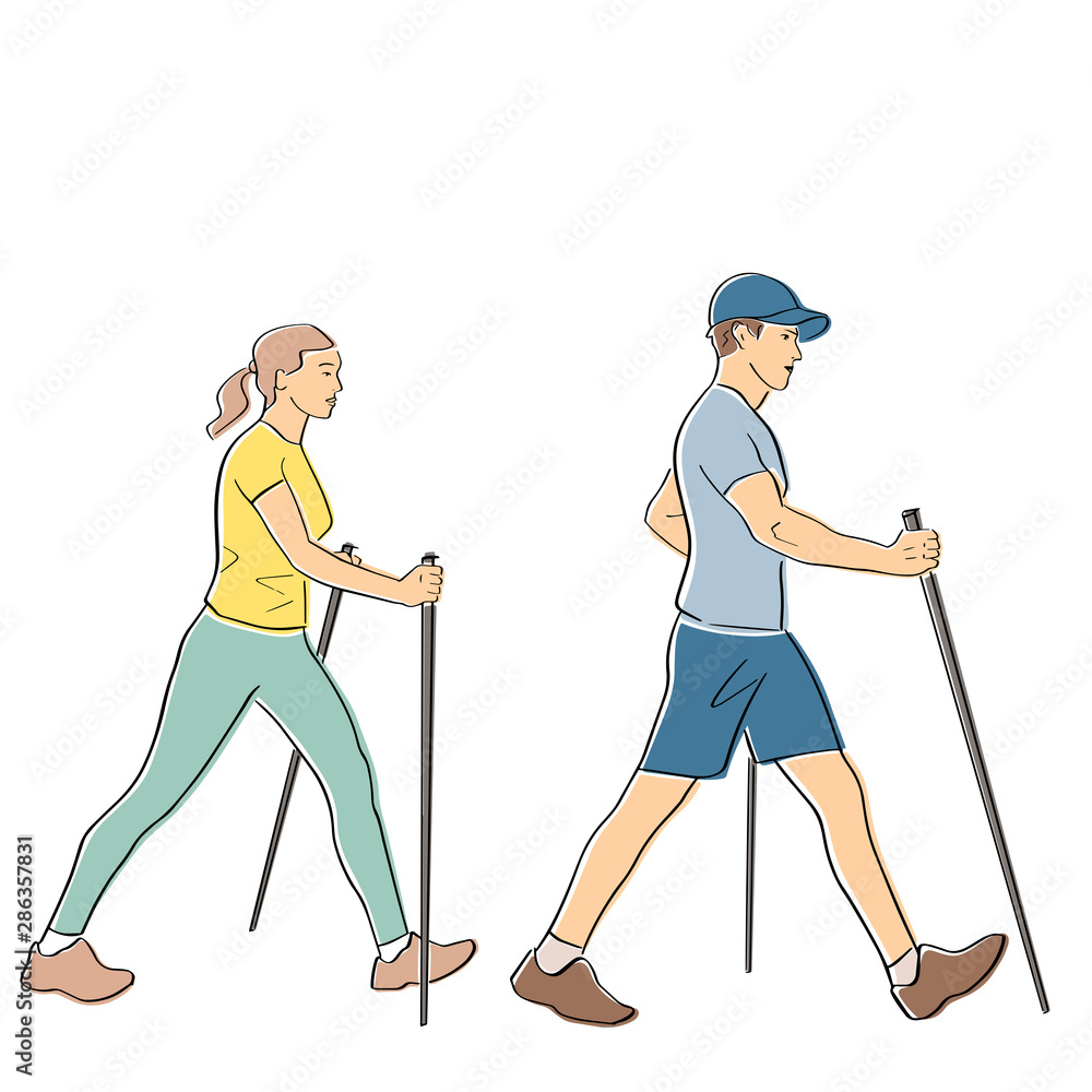 Nordic or scandinavian walking. Man and woman with sticks in profile. Safe fitness for young couple. Black isolated contour and colors. Hand drawn style. Vector element. Colorful flat illustration. Nordic or scandinavian walking. Man and woman with sticks in profile. Safe fitness for young couple. Black isolated contour and colors. Hand drawn style. Vector element. Colorful flat illustration.