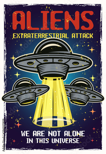 UFO colored vector poster with headline aliens 