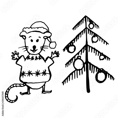 Single hand drawn mouse/rat. Symbol of New Year and Xmas greeting cards, posters, stickers and seasonal design. Isolated on white background. Doodle vector illustration. Scandinavian style.