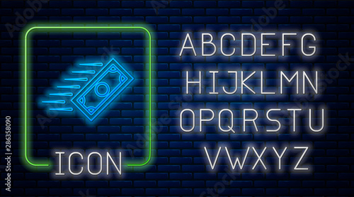 Glowing neon Fast payments icon on brick wall background. Fast money transfer payment. Financial services, fast loan, time is money, cash back concept. Neon light alphabet. Vector Illustration