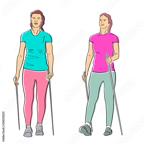Nordic or scandinavian walking. Set of two women in t-shirt and leggings with sticks. Safe fitness. Black isolated contour and colors. Hand drawn style. Vector element. Colorful flat illustration.