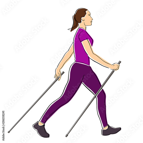 Nordic or scandinavian walking. Young woman in t-shirt and leggings with sticks in profile. Safe fitness. Black isolated contour and colors. Hand drawn style. Colorful flat illustration.