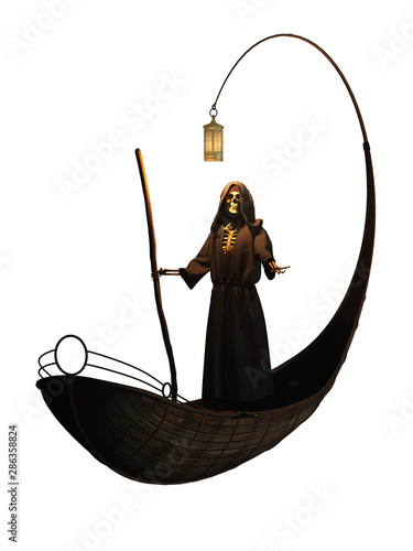 Charon the ferryman appearing like a robed skeleton extents his bony hand. He expects a coin to ferry you across the Styx to the lands of the dead. On a white background. 3D Rendering.