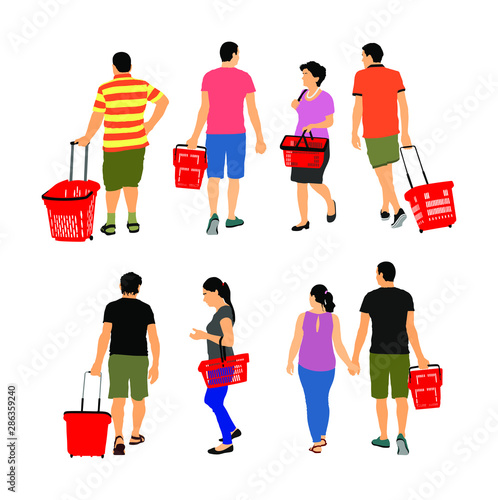 Family doing everyday grocery with shopping basket at supermarket vector illustration isolated. Man and woman with consumer bag buy food and goods. Procurement of supplies. Couple home budget planning