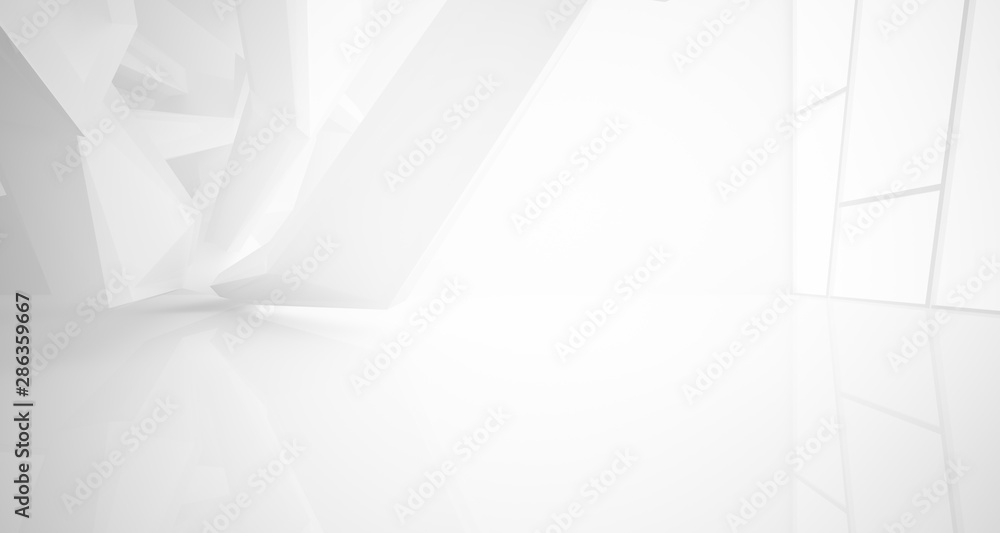 Abstract architectural white interior of a minimalist house with large windows.. 3D illustration and rendering. Abstract architectural white interior of a minimalist house with large windows.. 3D illustration and rendering.