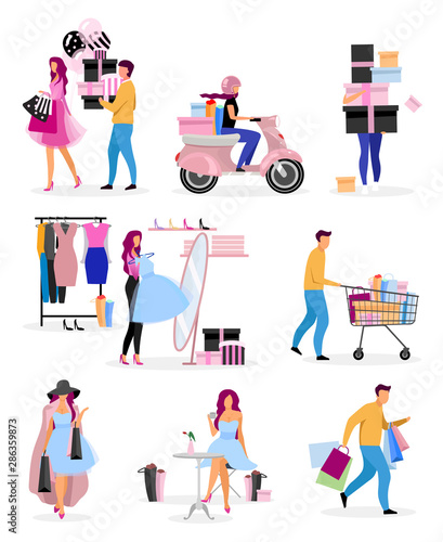 Shopping pastime flat vector characters set. Male, female shoppers buying clothes, presents. Purchasing gifts for birthday, Christmas. Choosing luxury outfit in boutique. Delivery service courier