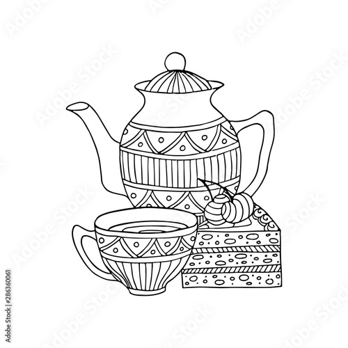 Tea with cake. Hand drawn coloring page. Hand drawn vector illustration.