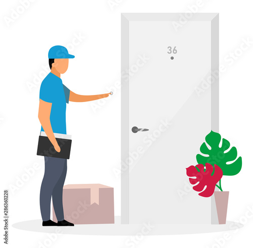 Door-to-door delivery flat vector illustration. Deliveryman, courier ring doorbell isolated cartoon character on white background. Postman delivered parcel, package to door. Shipping service concept